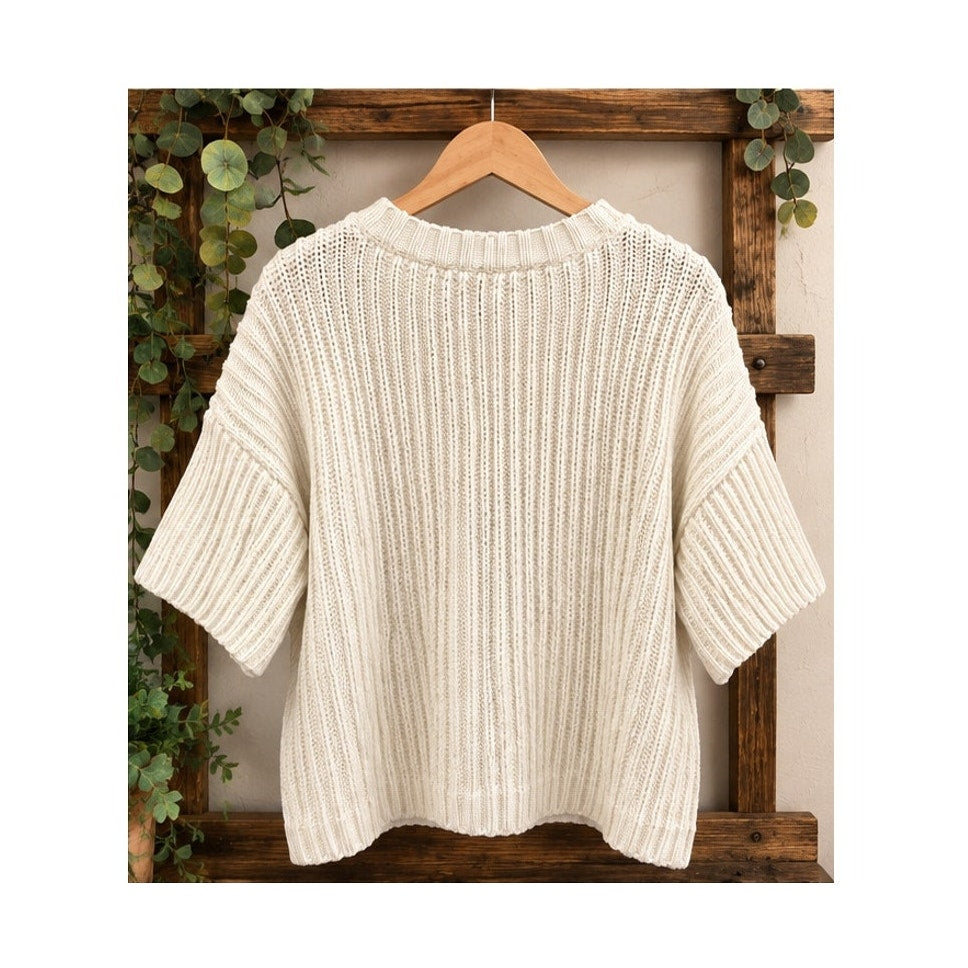 One Grey Day OGD Ribbed Knit Sweater Tee Cream Short Sleeve Slouchy Small S