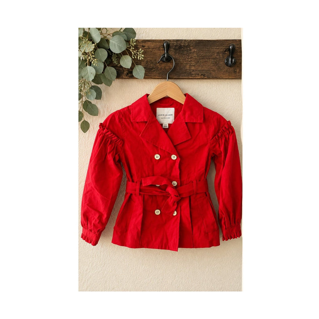 Janie and Jack Girls Red Puff Sleeve Double Breasted Trench Coat 5 6