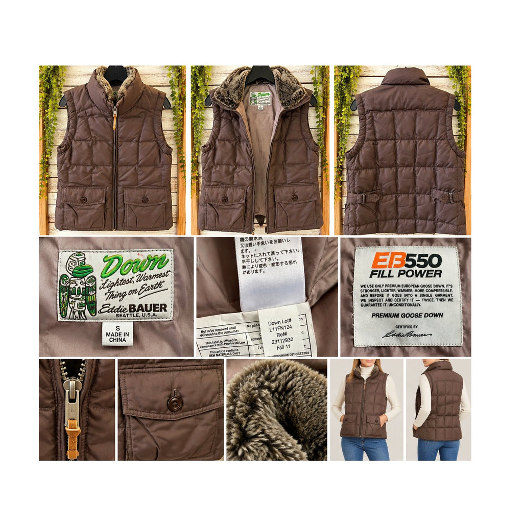 Eddie Bauer Women Yukon EB550 Down Puffer Vest Faux Fur Brown S