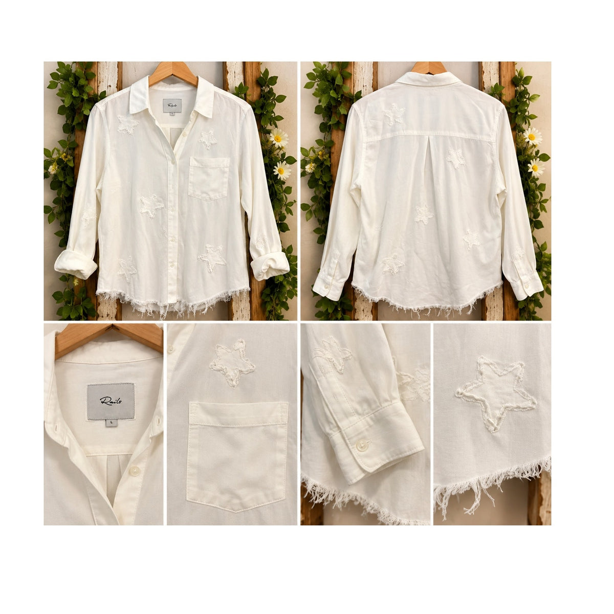 Rails Ingrid Women's White Linen Blend Star Applique Raw Hem Button Down Shirt