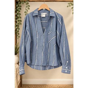 Finley Joni Popover Top Ethnic Stripe Blue XS Cotton Viscose Made USA Preloved