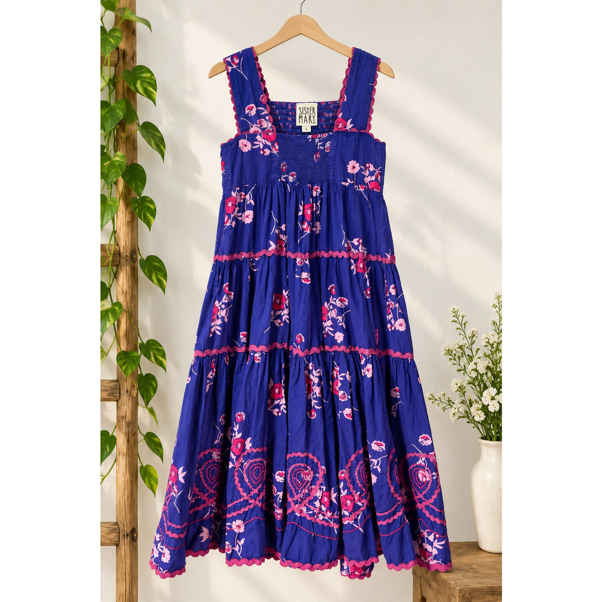 Sister Mary Size S Blue Pink Floral Tiered Maxi Dress Smocked Ric Rac Preloved