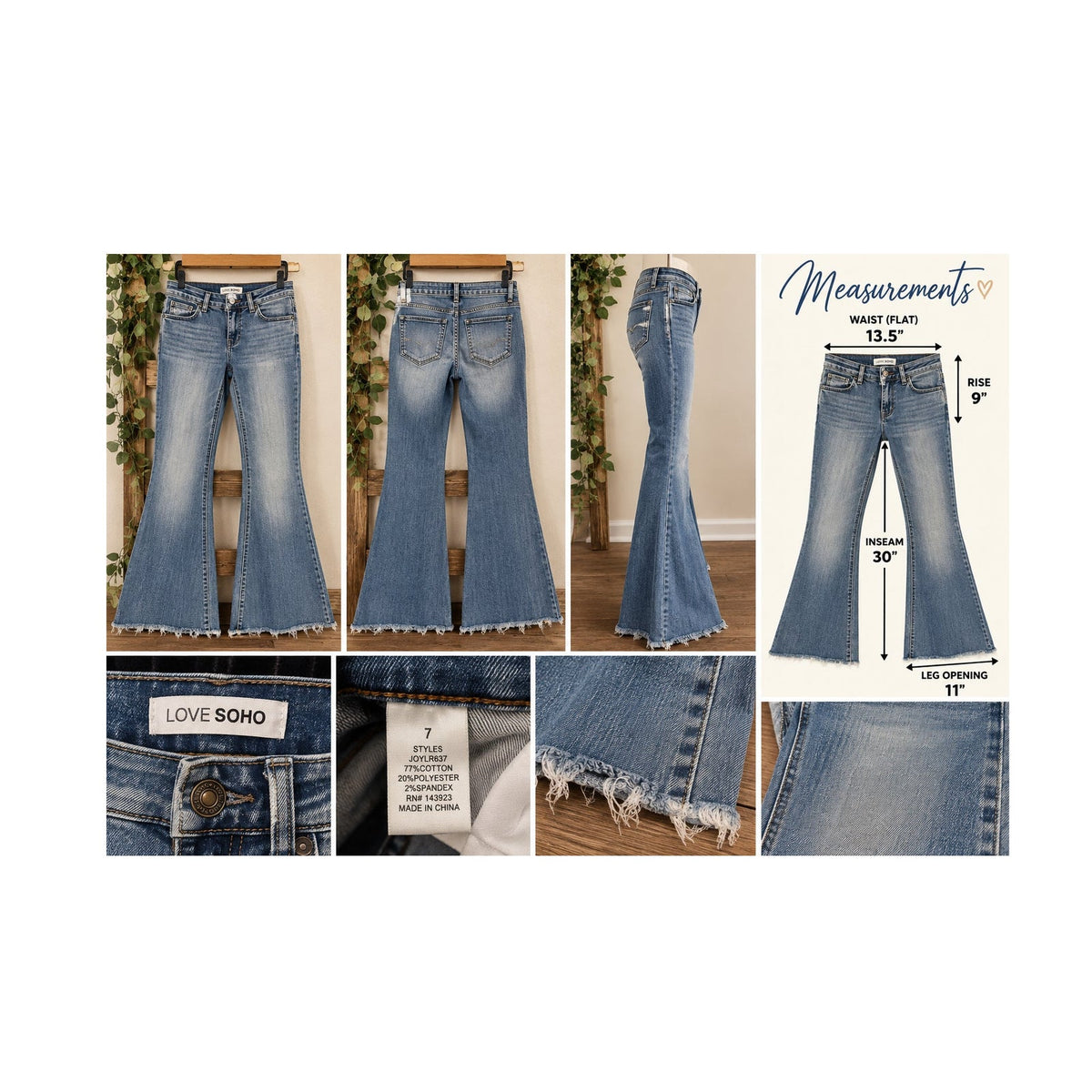 Love Soho Raw Hem Extreme Flare Jeans Blue Denim Womens Size 7
