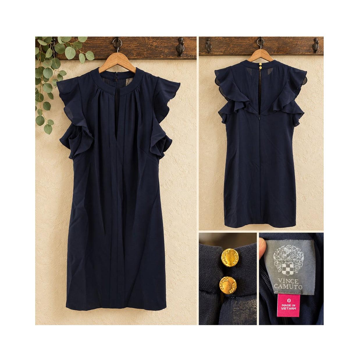Vince Camuto Navy Blue Ruffle Sleeve Cocktail Sheath Dress Size 0