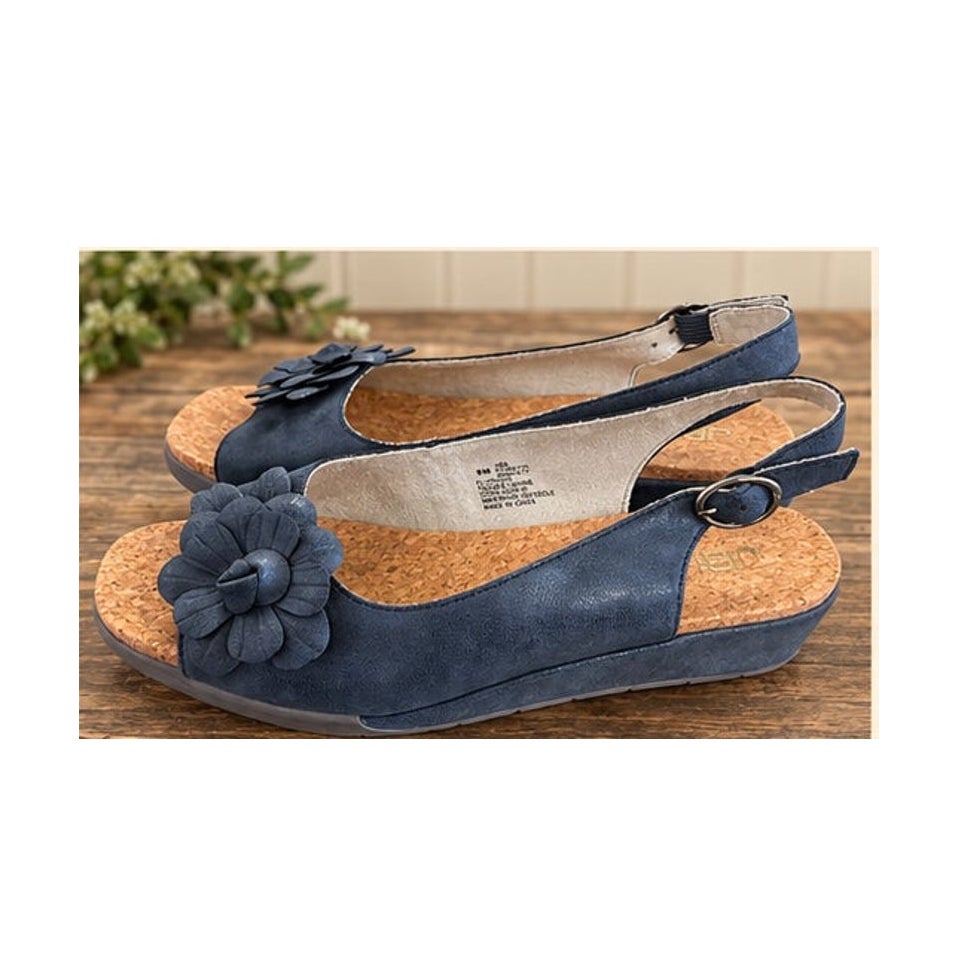 JBU Jambu Rosetta Navy Blue Floral Slingback Wedge Sandal Womens 9M