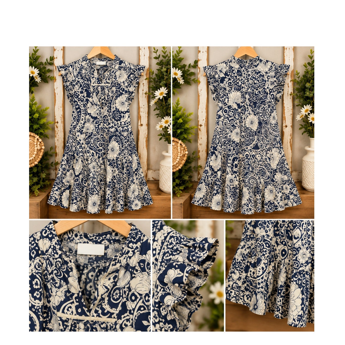 Umgee Navy Blue White Paisley Floral Tassel Mini Dress Womens Plus Size 1XL Boho