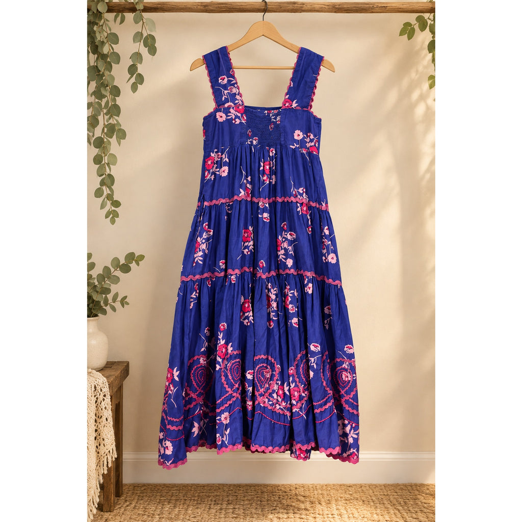 Sister Mary Size S Blue Pink Floral Tiered Maxi Dress Smocked Ric Rac Preloved