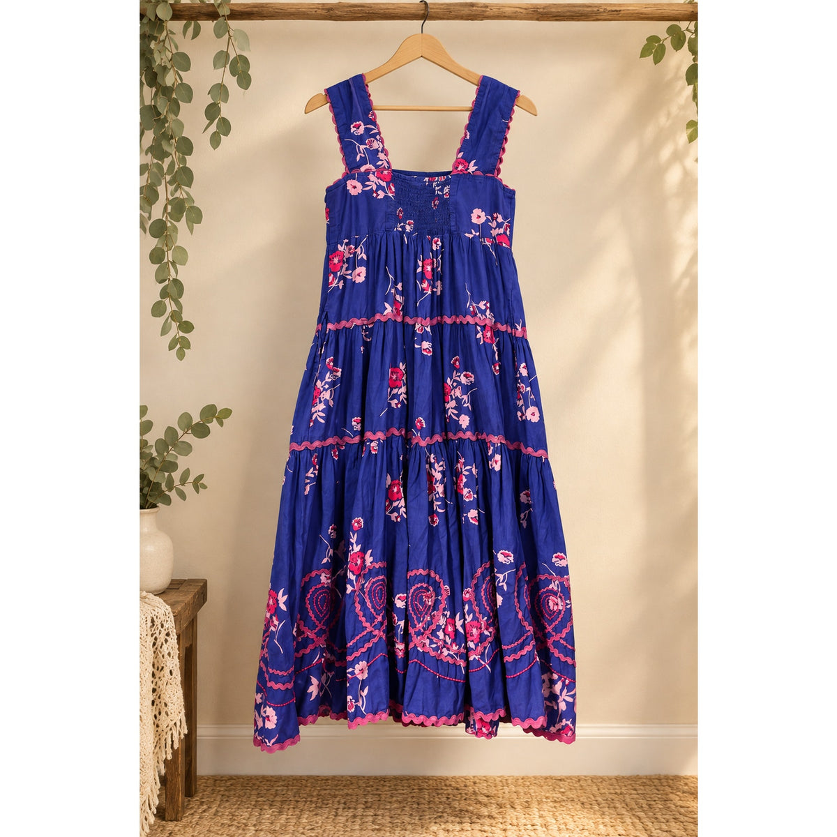Sister Mary Size S Blue Pink Floral Tiered Maxi Dress Smocked Ric Rac Preloved
