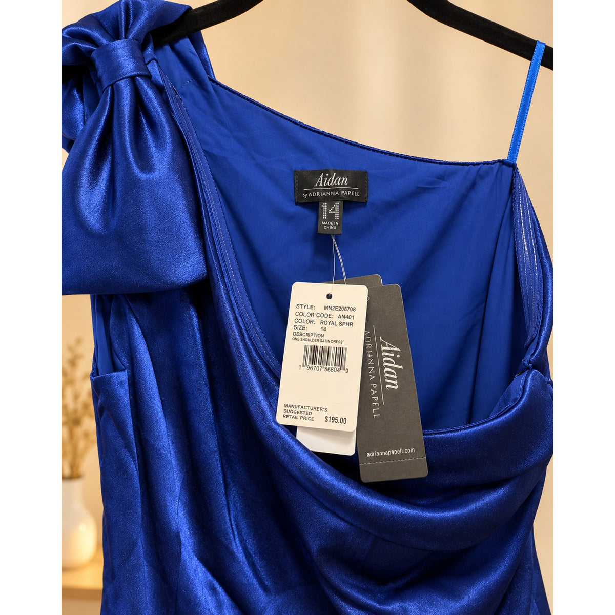 NEW Aidan by ADRIANNA PAPELL 14 Royal Sapphire One Shoulder Satin Tulip Dress