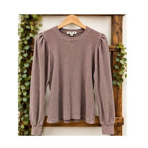 AMO Denim Girly Thermal Top Puff Shoulder Waffle Knit Bloodstone Mauve Size L