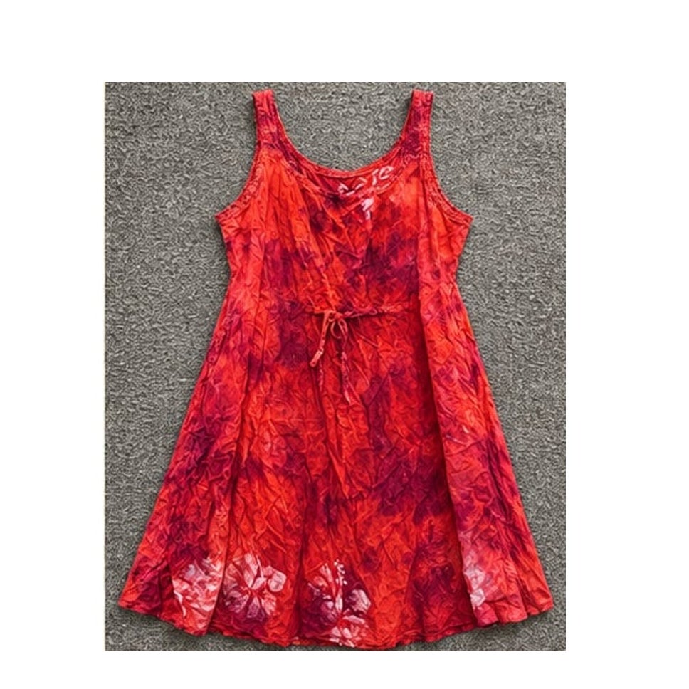Raya Sun Dress Womens XL Red Pink Hibiscus Cotton Blend Tie Back Mini