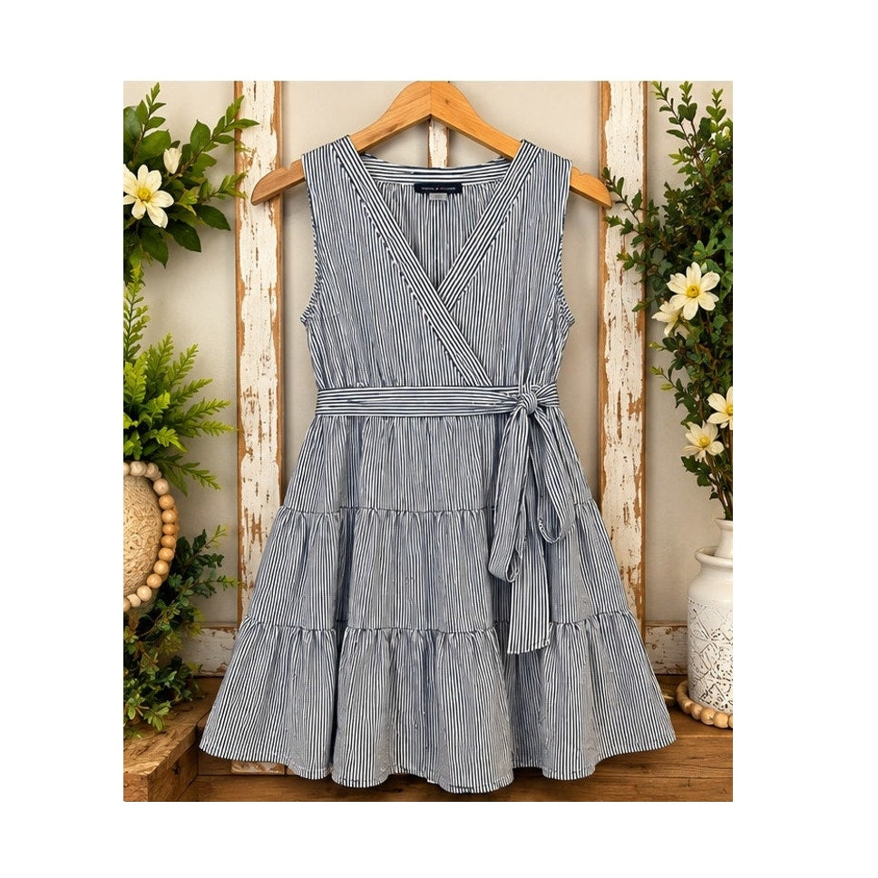 Tommy Hilfiger Blue White Stripe Tiered Fit & Flare Wrap Dress Womens Size 16