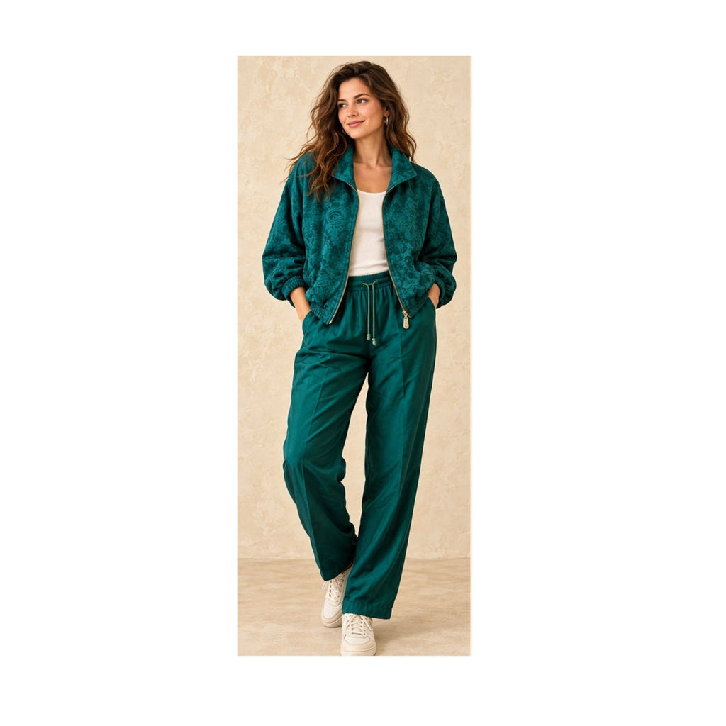 Vintage Fuda International Women's Medium Silk Tracksuit Set Green