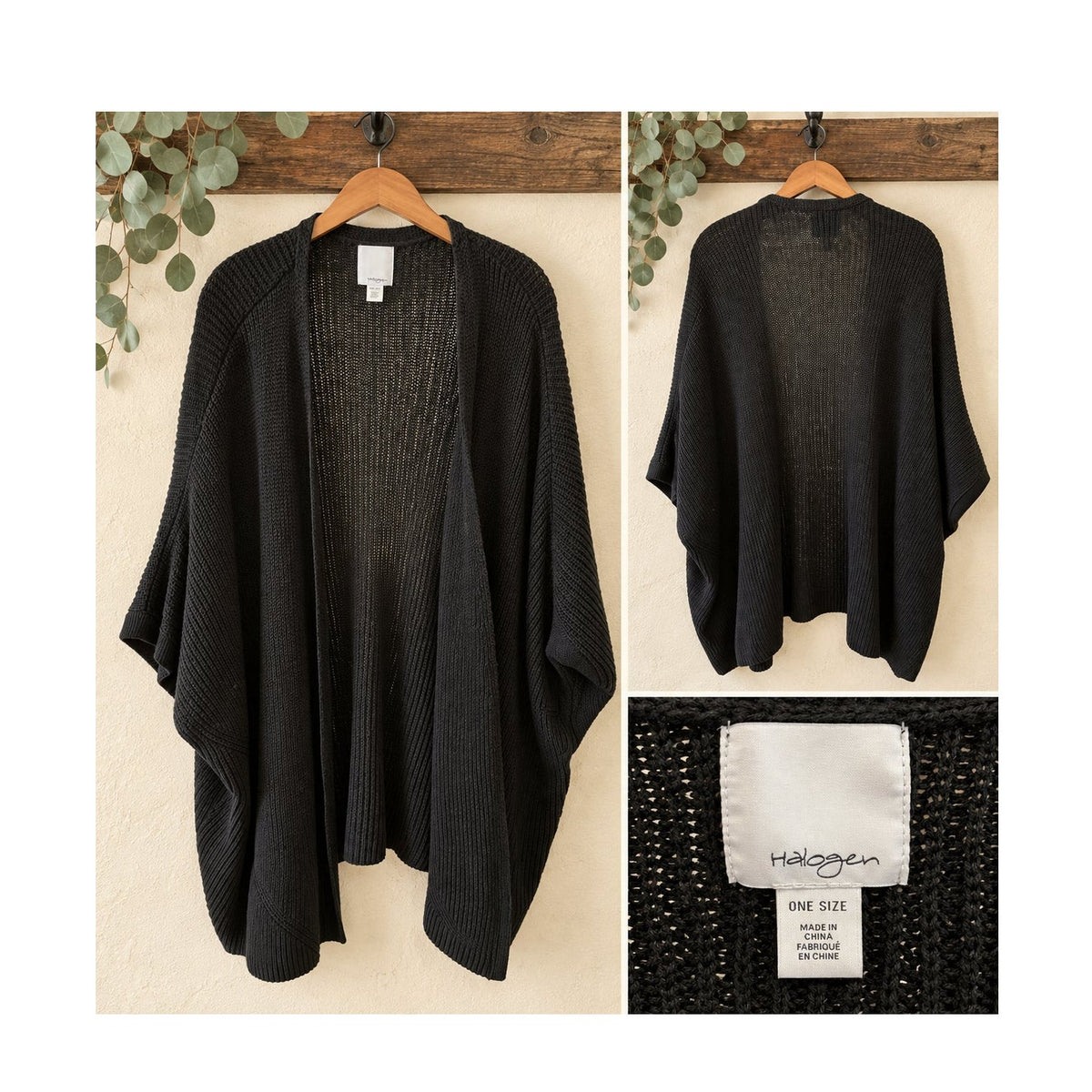 Halogen Black Open Knit Draped Cardigan Wrap Sweater One Size