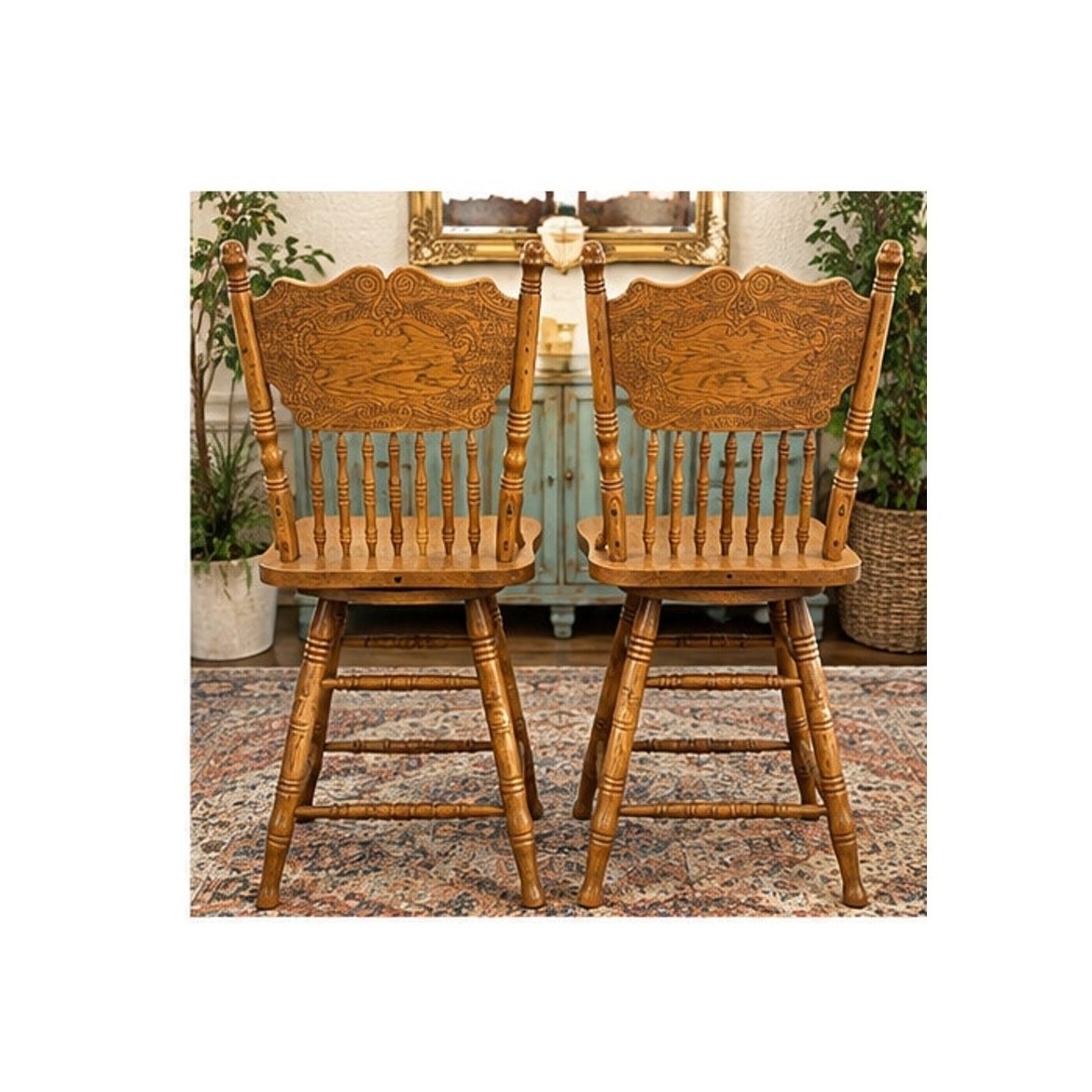 Pair Vintage Solid Oak Pressed Back Swivel Bar Stools