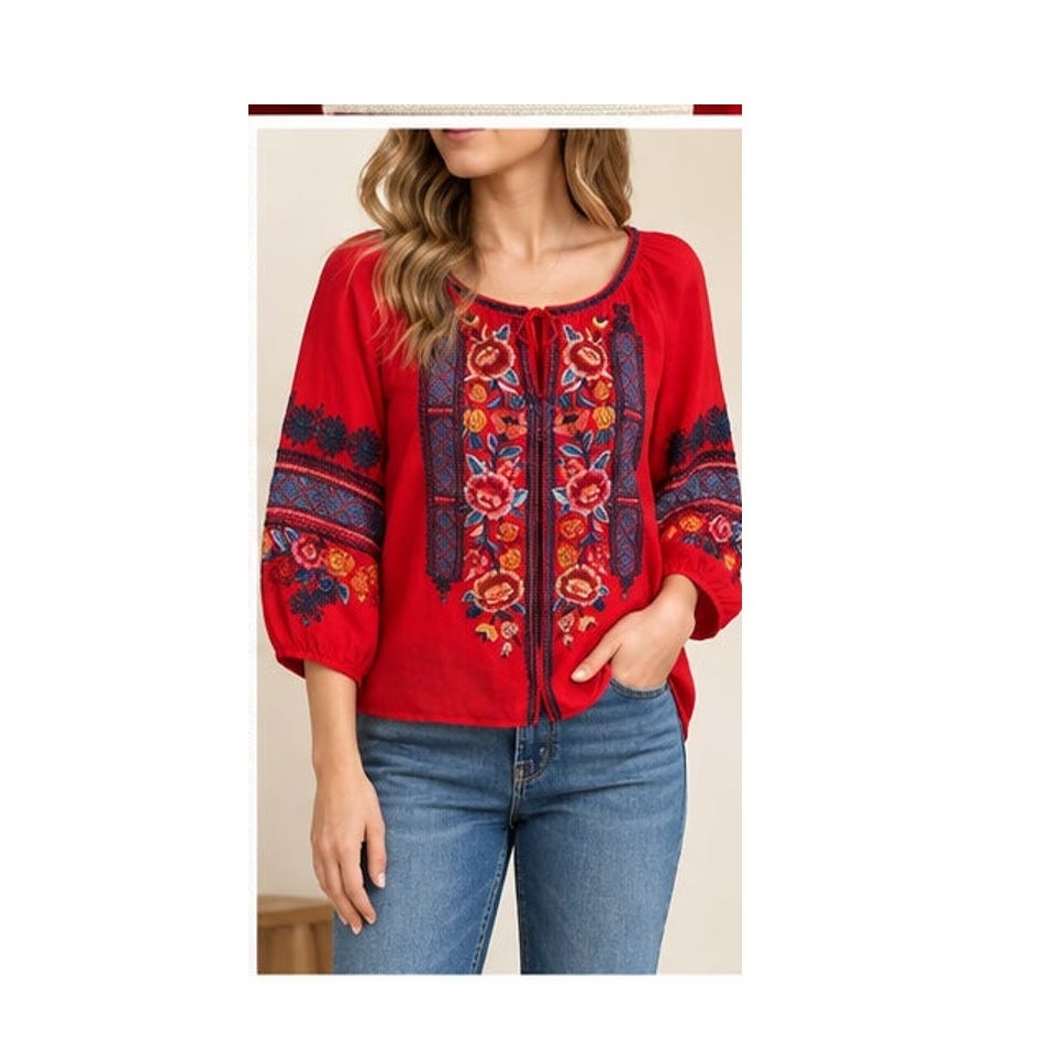Johnny Was Workshop Red Ramie Floral Bird Embroidered Boho Blouse L