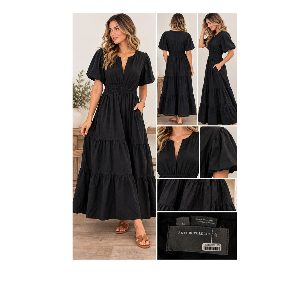 Anthropologie The Somerset Black Cotton Poplin Tiered Maxi Dress XL