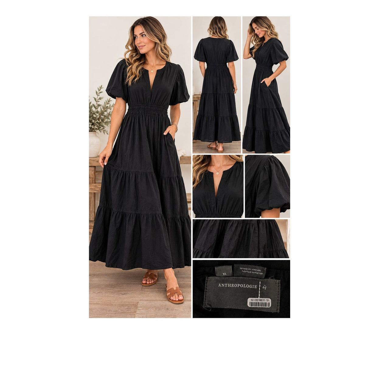 Anthropologie The Somerset Black Cotton Poplin Tiered Maxi Dress XL
