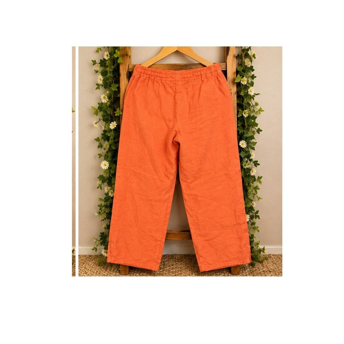 Pure Match USA 100% Linen Wide Leg Pants Orange Cropped Cuffed Slit Casual L