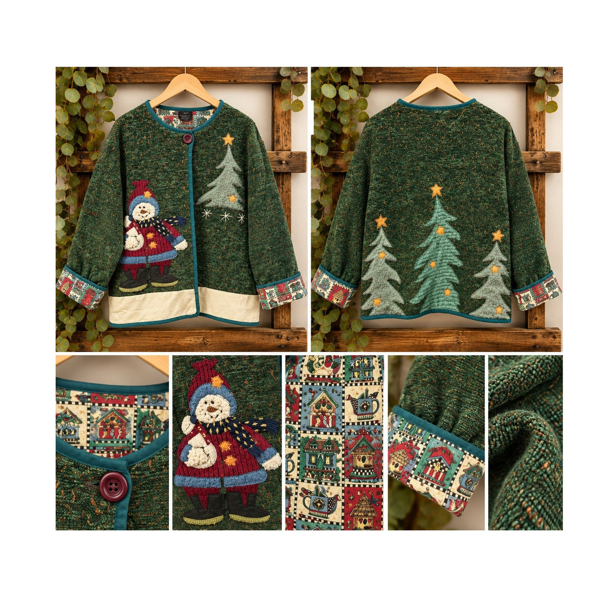 Vintage Whimsical Christmas Snowman Applique Knit Jacket | Large