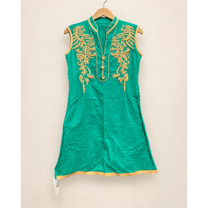 Green & Gold Embroidered Sleeveless Cotton Kurta Tunic India Preloved