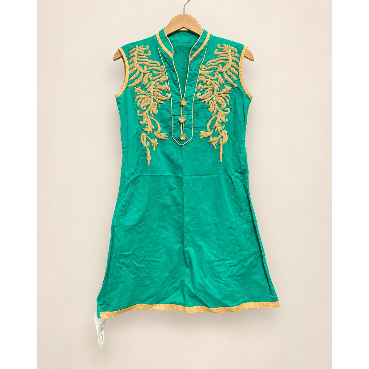 Green & Gold Embroidered Sleeveless Cotton Kurta Tunic India Preloved