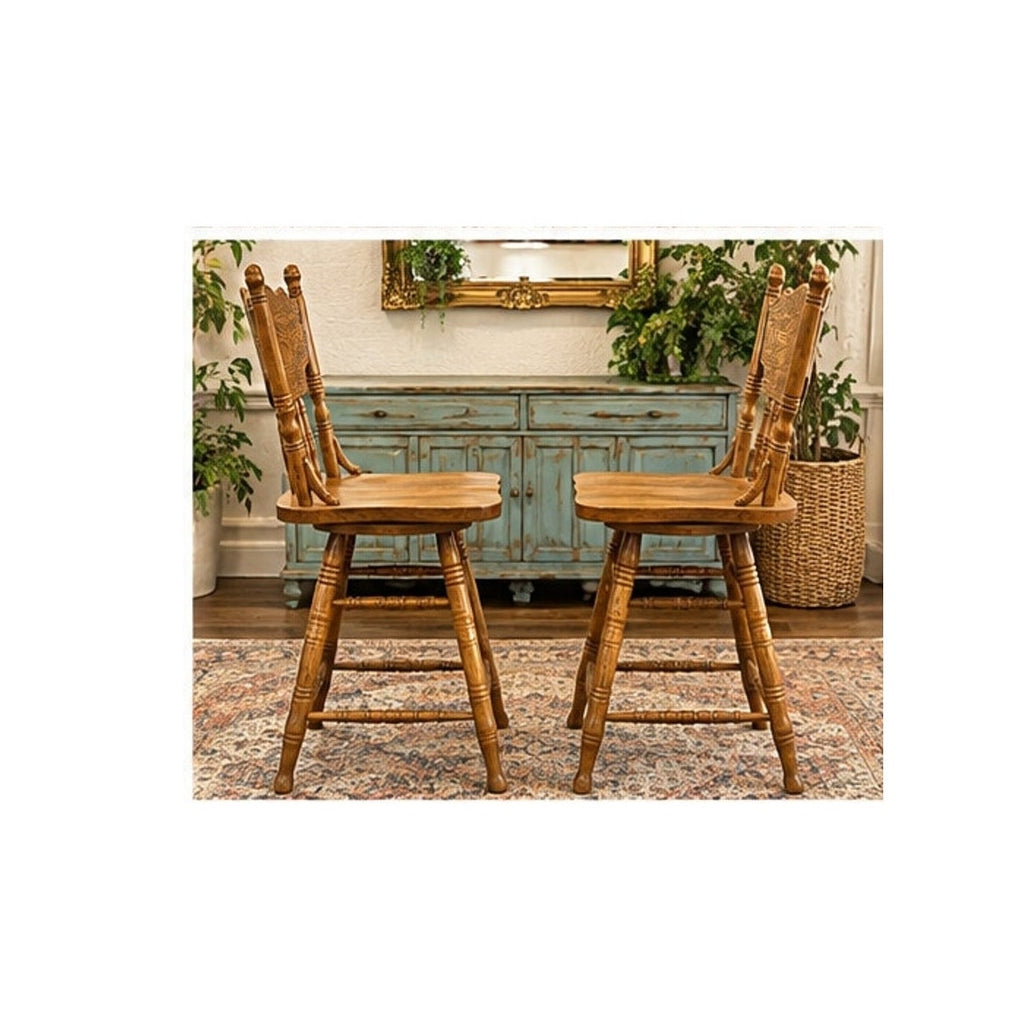 Pair Vintage Solid Oak Pressed Back Swivel Bar Stools