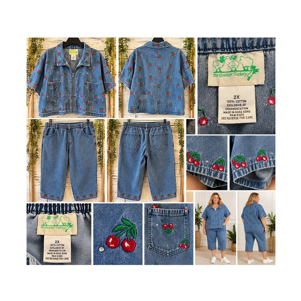 Vtg Quacker Factory 2X Cherry Embroidered Denim Jacket Pants Set