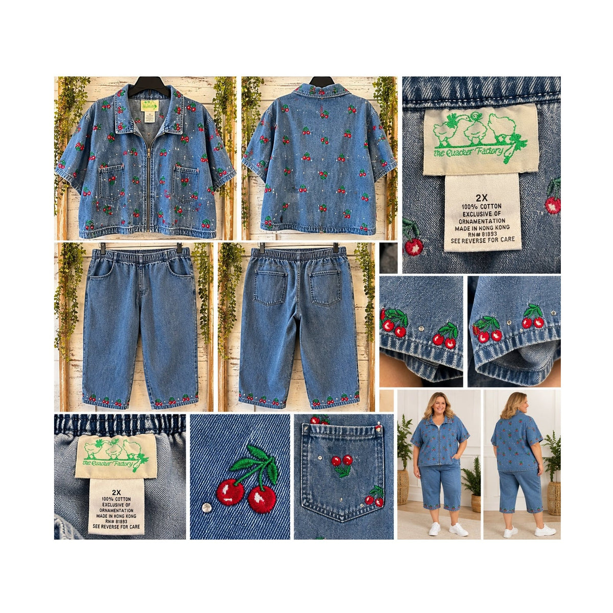 Vtg Quacker Factory 2X Cherry Embroidered Denim Jacket Pants Set