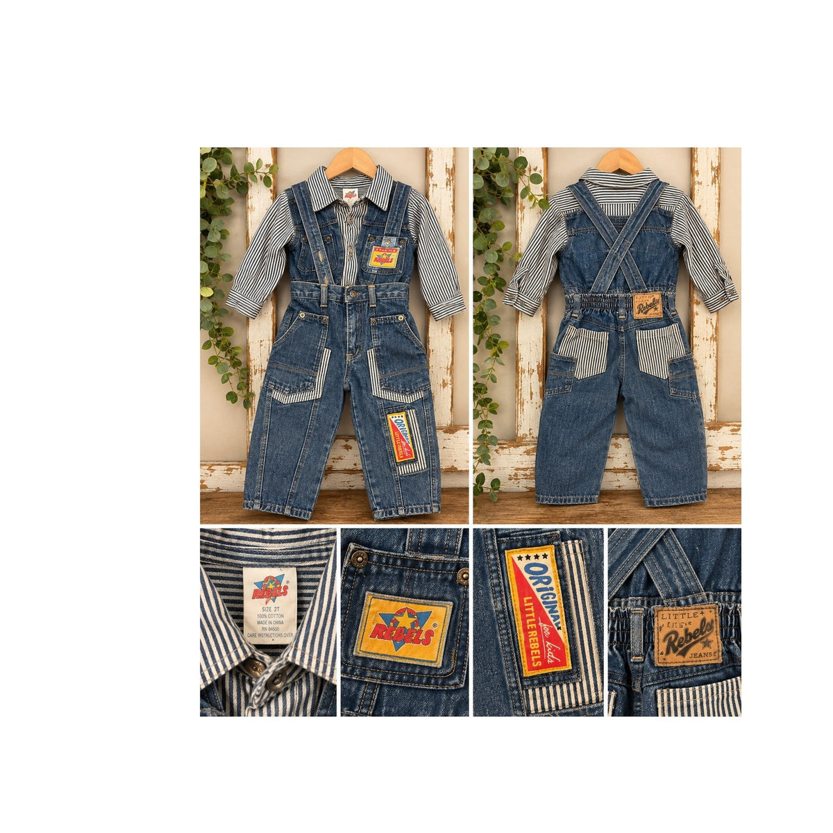 Vintage 1980"s Little Rebels Denim Striped Overalls Set Kids Size 2T