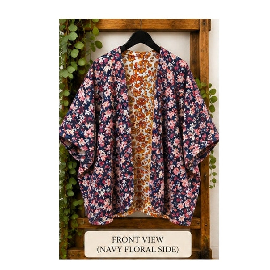 Retro 1970s Reversible Diamond Quilted Kimono Open Front Jacket OS