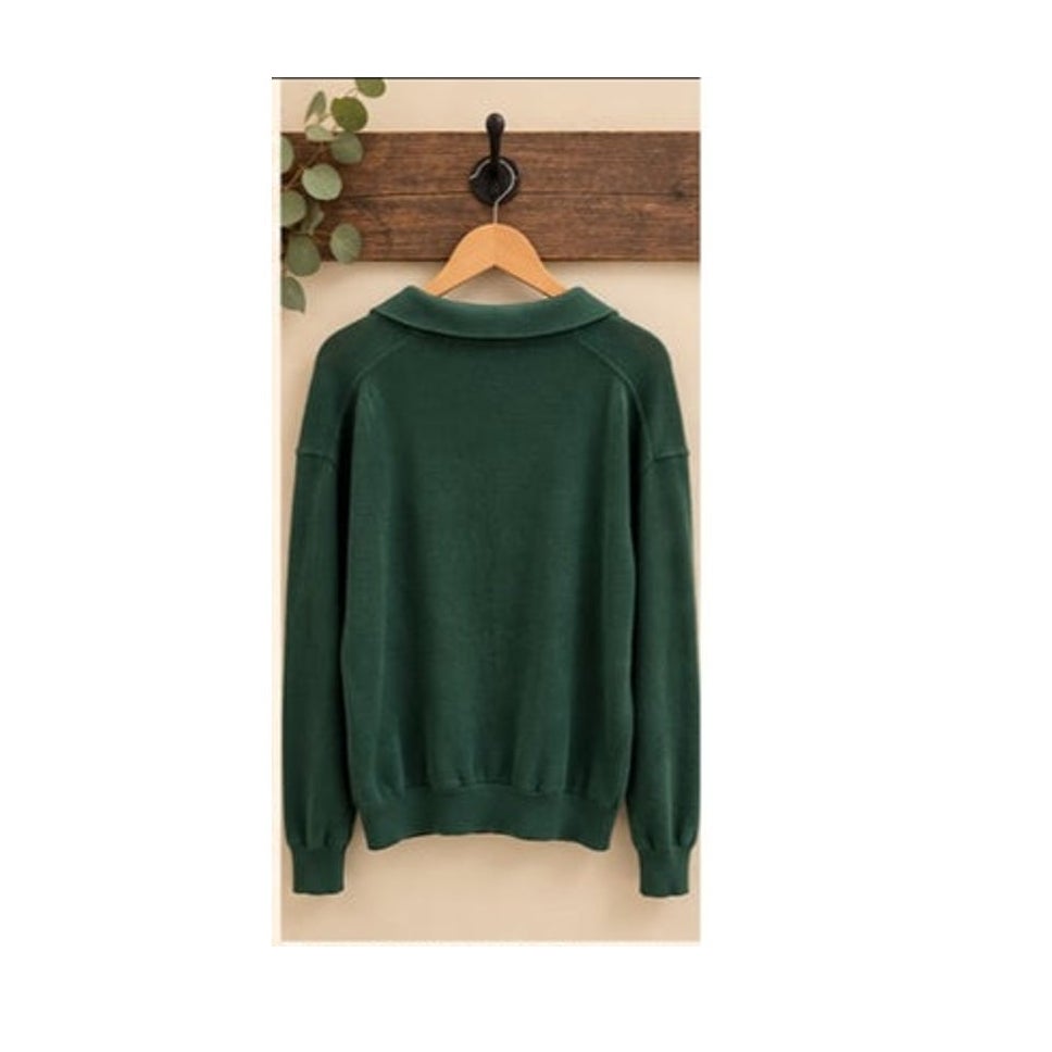 Pact Organic Cotton Polo V Neck Sweater Green Long Sleeve Womens M