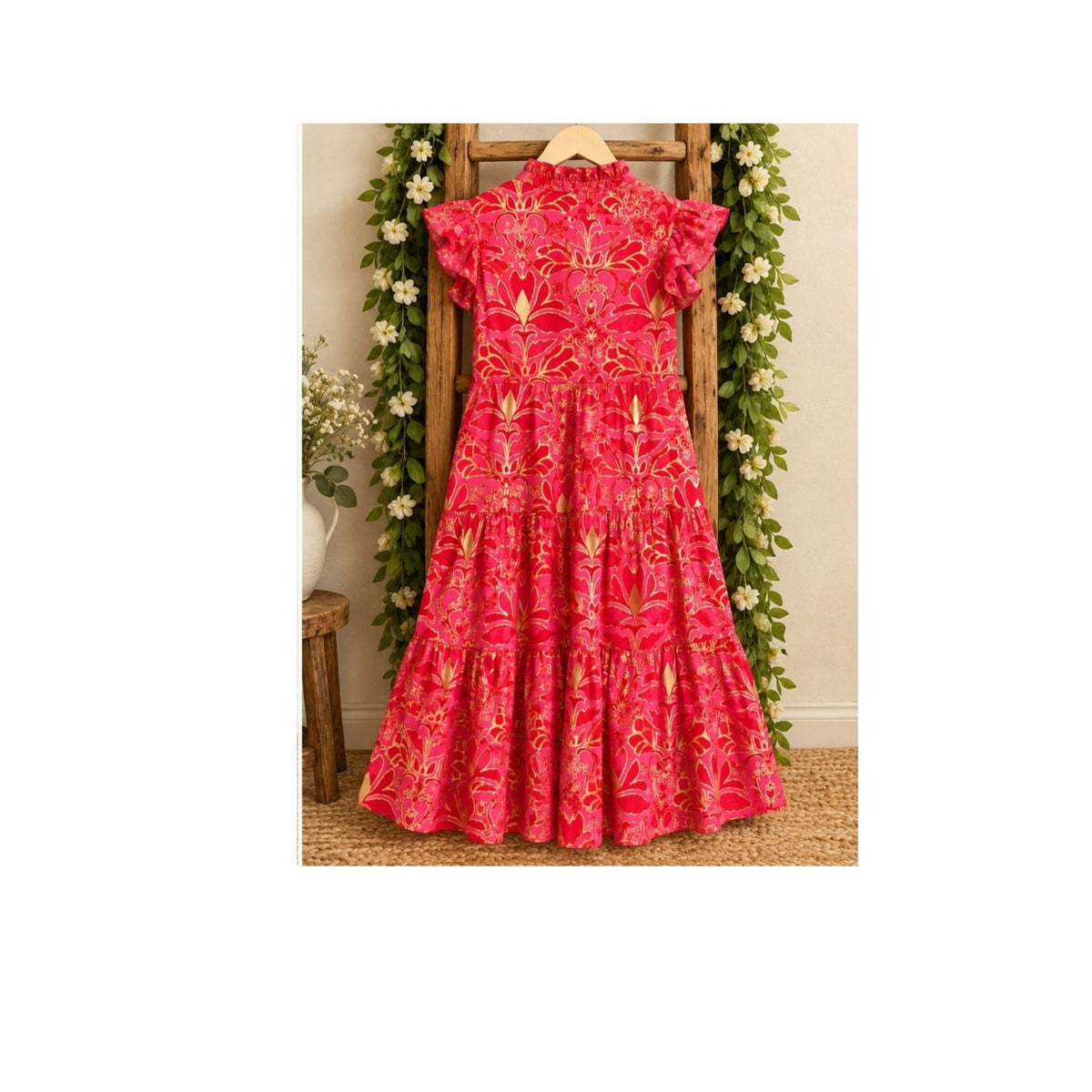 Jude Connally Mirabella Pink Metallic Gold Imperial Garden Voile Maxi Dress M