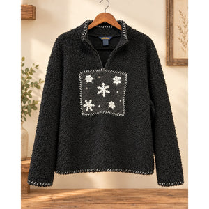 Woolrich Black Sherpa Fleece Pullover Snowflake Patch Quarter Zip Preloved