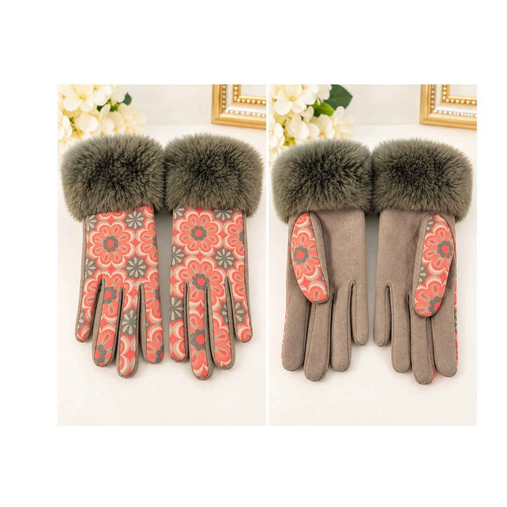 Powder Design Bernadette Faux Suede Fur Cuffed Gloves Floral Olive OS