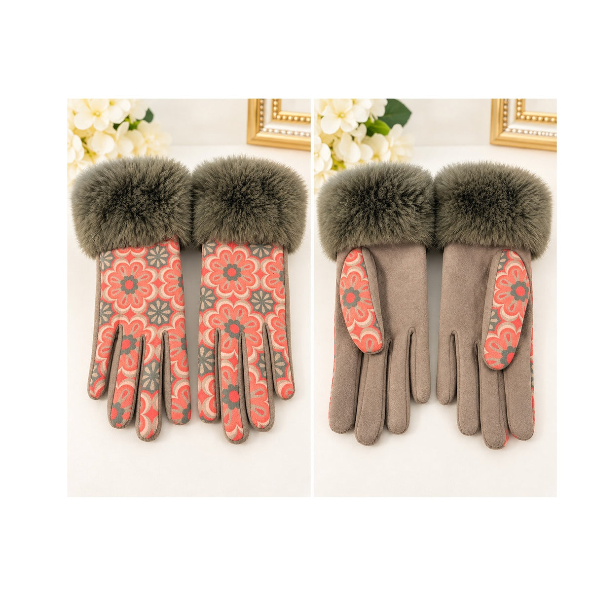 Powder Design Bernadette Faux Suede Fur Cuffed Gloves Floral Olive OS