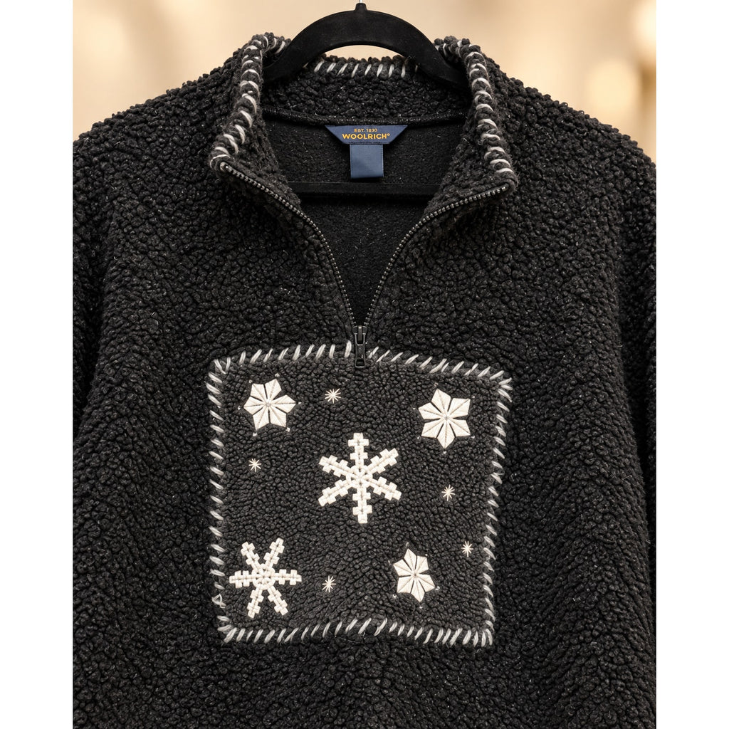 Woolrich Black Sherpa Fleece Pullover Snowflake Patch Quarter Zip Preloved
