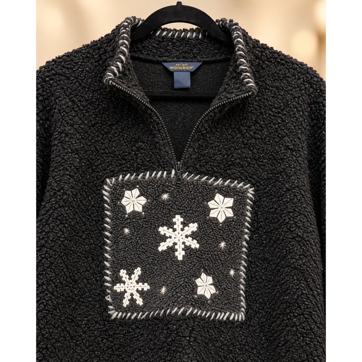Woolrich Black Sherpa Fleece Pullover Snowflake Patch Quarter Zip Preloved