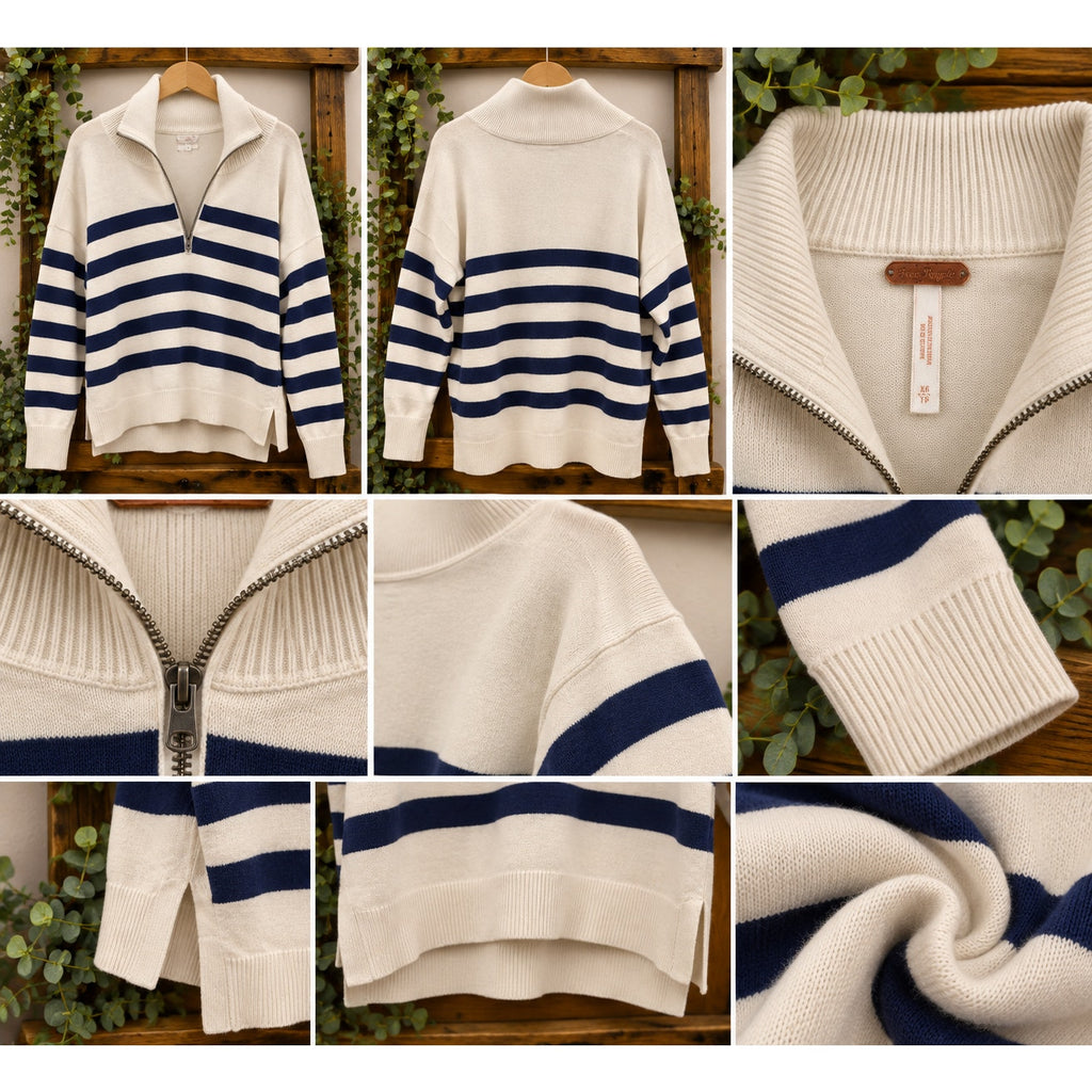 Free People Coastal Stripe Pullover Quarter Zip Sweater Cream Navy XS