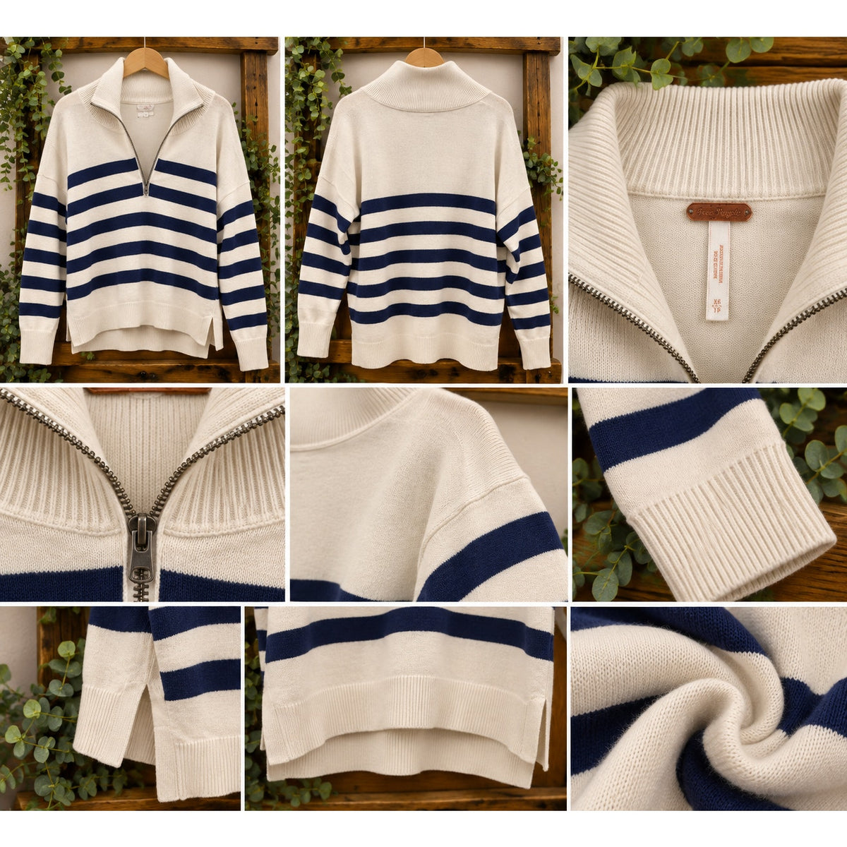 Free People Coastal Stripe Pullover Quarter Zip Sweater Cream Navy XS