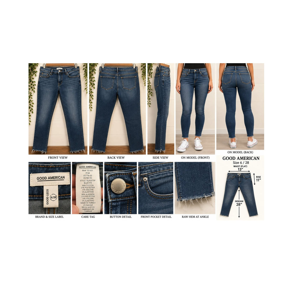 Good American Skinny Raw Hem Jeans Blue Womens Size 6 28