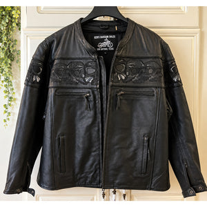 New First MFG Mens Heavy Leather Motorcycle Jacket Reflective Skulls M-8XL