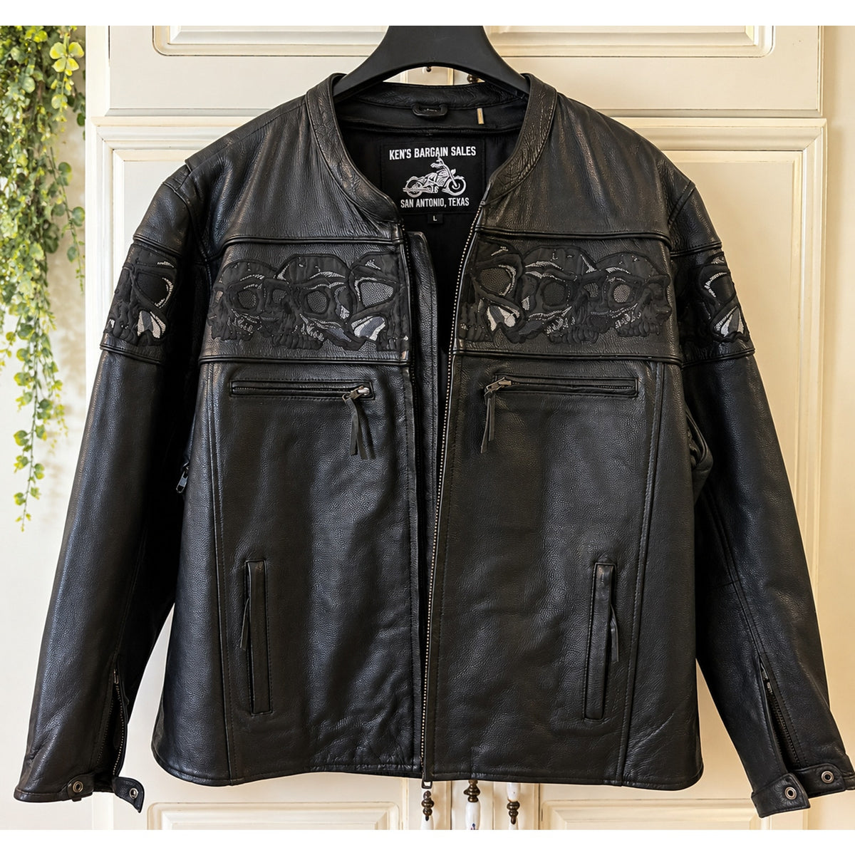 New First MFG Mens Heavy Leather Motorcycle Jacket Reflective Skulls M-8XL