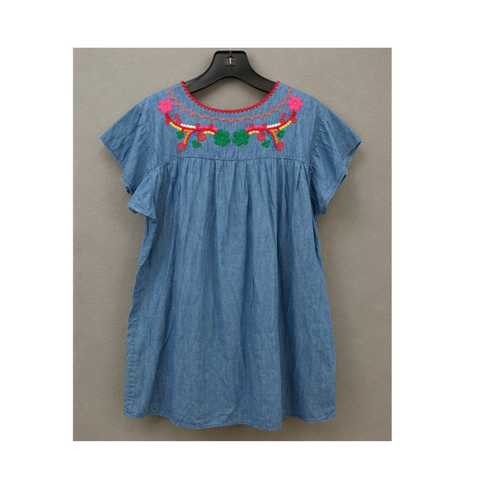 YZXDORWJ Mexican Floral Embroidered Denim Dress – Boho Flutter Sleeve Shift (Size Large)