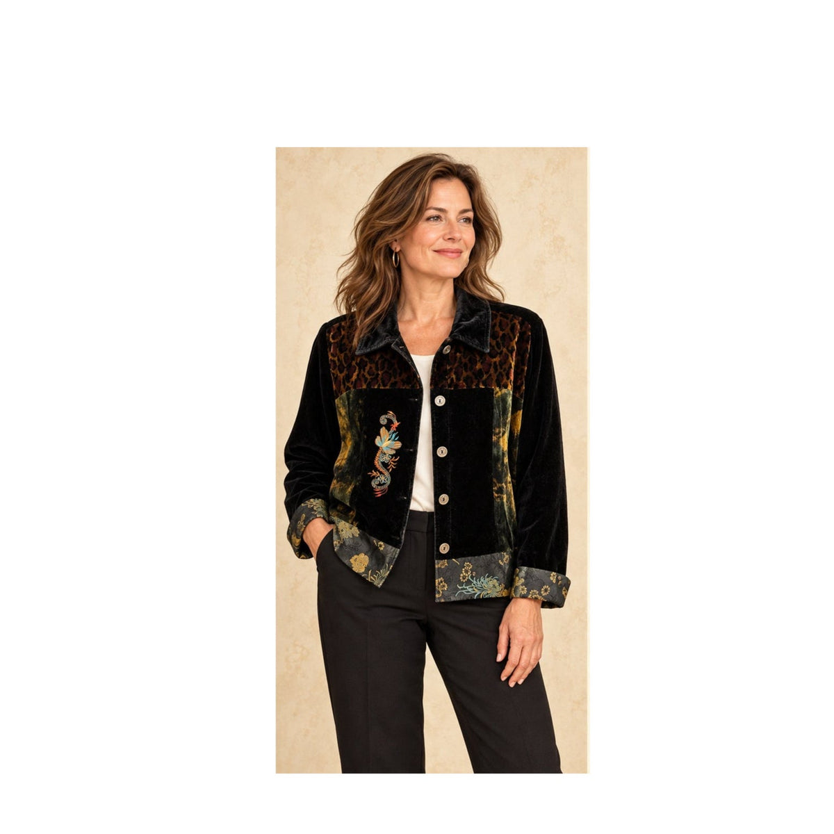 Vintage 90s White Stag Black Velvet Patchwork Embroidered Jacket L
