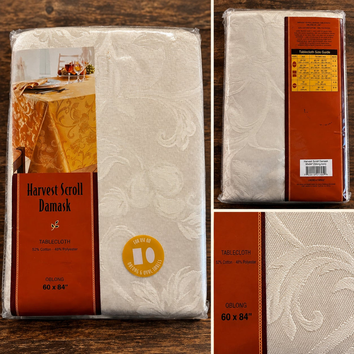 NIP Harvest Scroll Damask Ivory Tablecloth 60 x 84 Inches