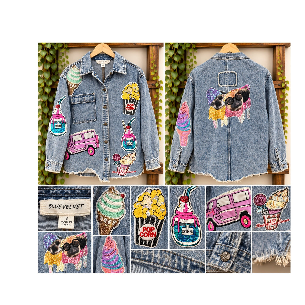 Blue Velvet Sequin Patch Denim Jacket Small Raw Hem Pug Popcorn Shacket