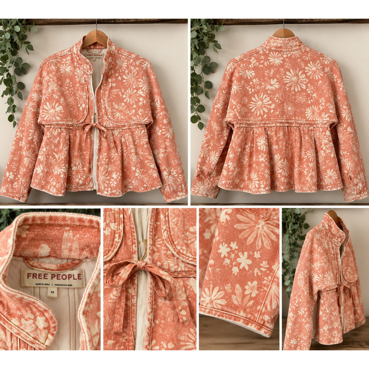 Free People Lua Bed Denim Jacket Apricot Combo Floral Peplum MINT LNWOT