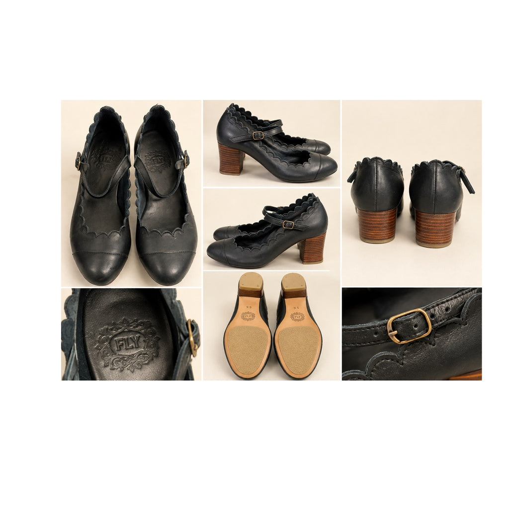 Fly London Wifo Navy Blue Leather Scalloped Mary Jane Heels Women's Sz 9.5
