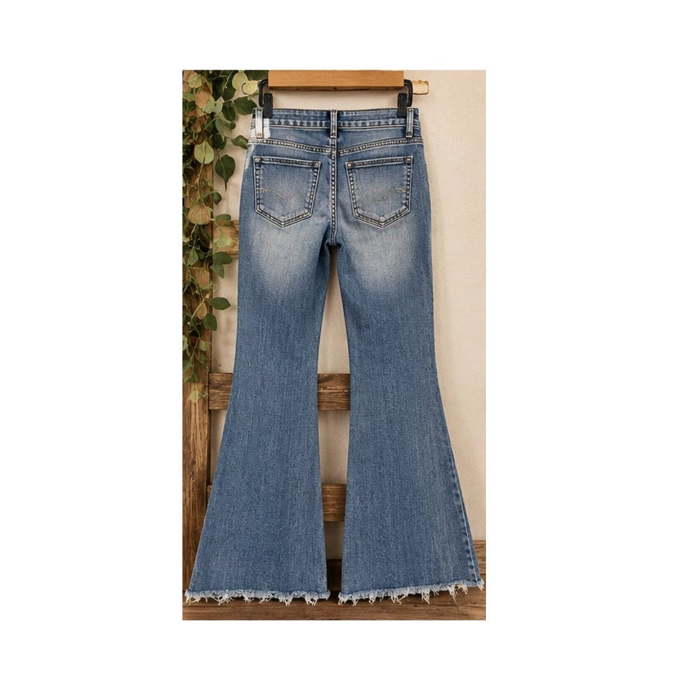 Love Soho Raw Hem Extreme Flare Jeans Blue Denim Womens Size 7